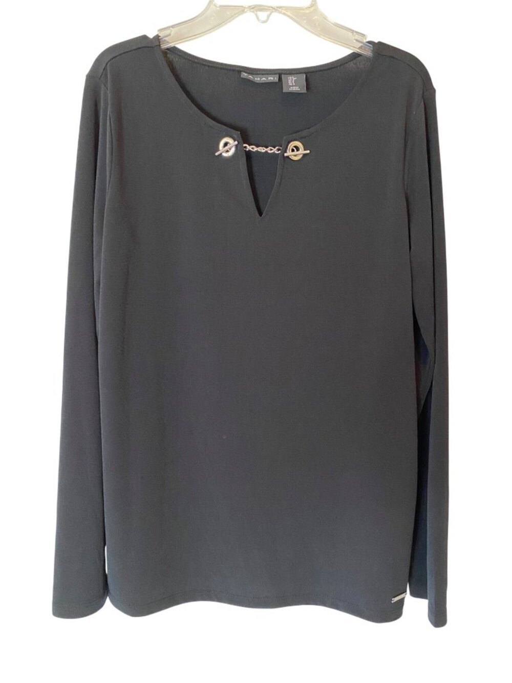 Tahari Black Long Sleeve Top Chain Accent V-Neck Polyester Blend Small